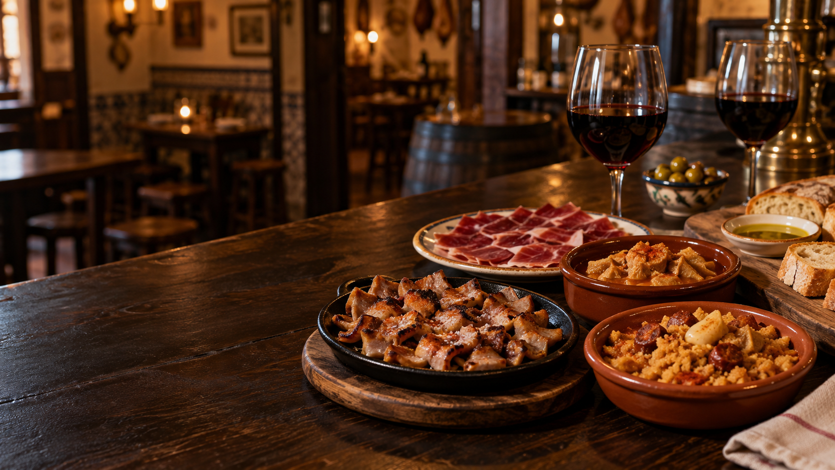 Composición ilustrativa de tapas tradicionales, vino y pan en un bar